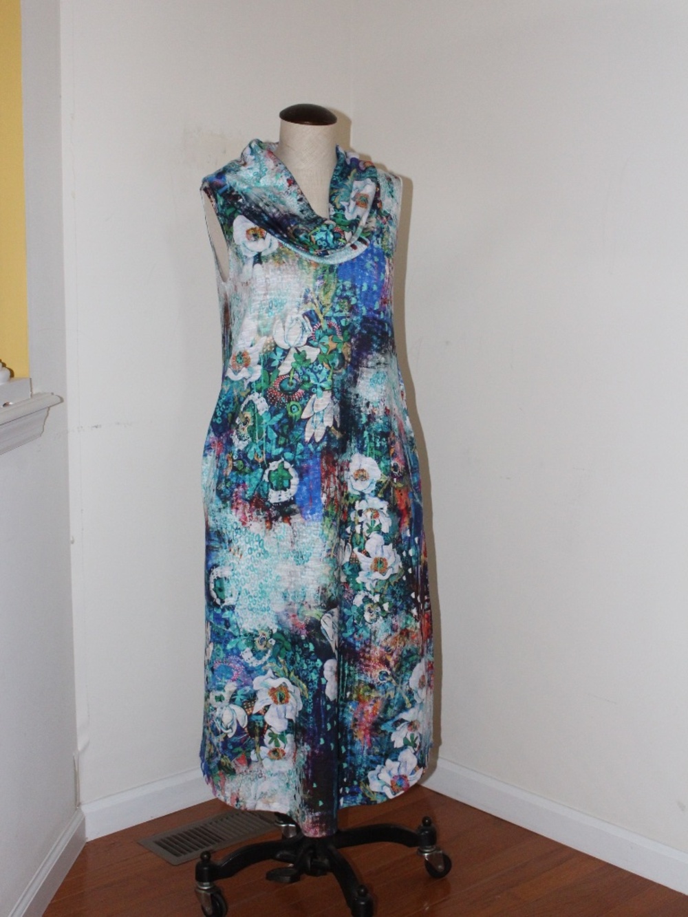 Inoah, sleeveless Cowl Neck Floral Print Wearable Art Dress in Teal and Blue